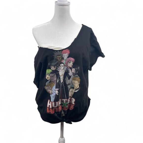 Hunter x Hunter Black Women T-shirt L Reworked Cut Out Off Shoulder Anime Tie - Picture 2 of 5